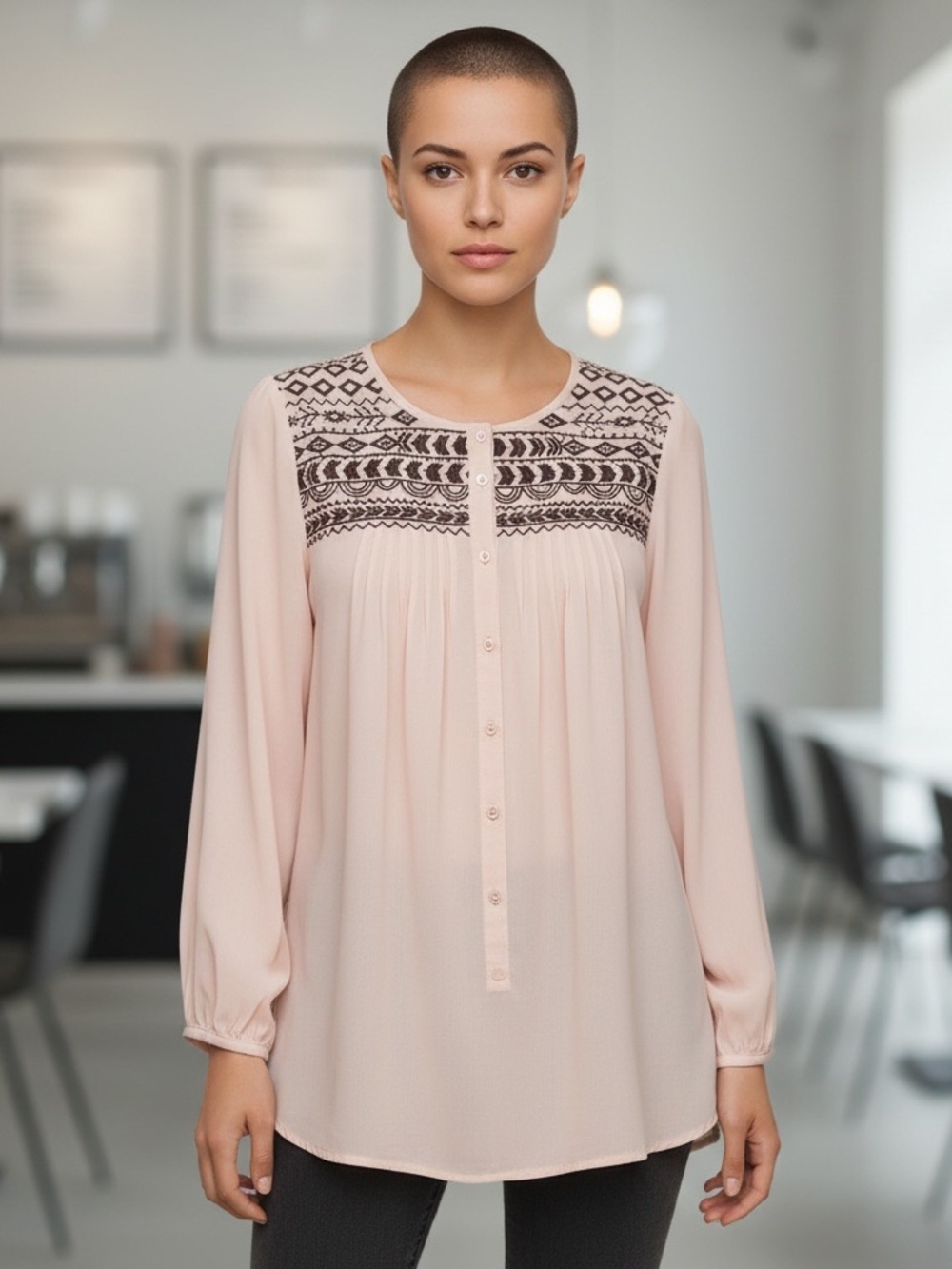 Charming Charlie Blush Button-Front Top with Black Embroidered Yoke